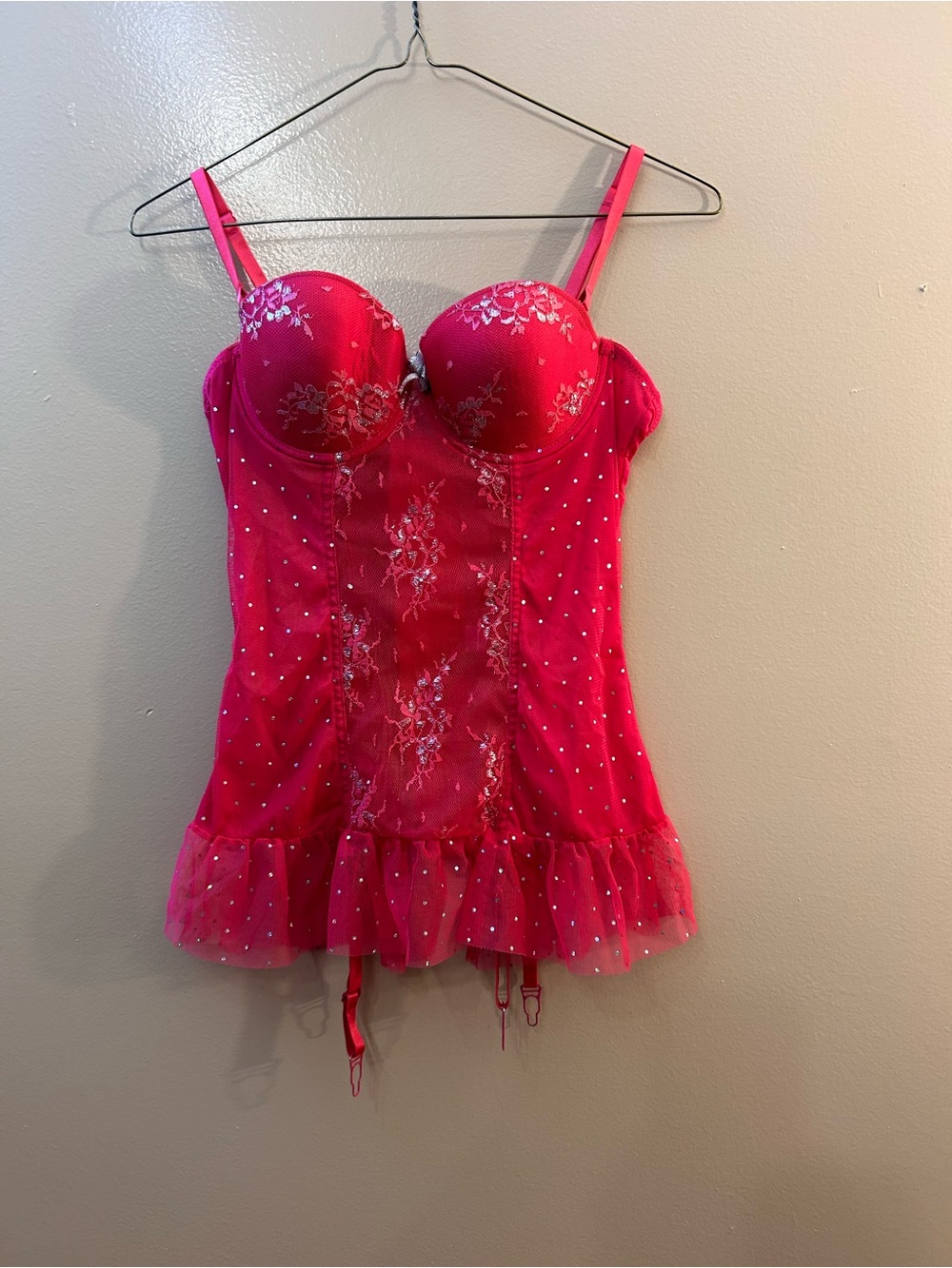 Native Intimates Hot Pink Lace Bustier Chemise with Garter Straps